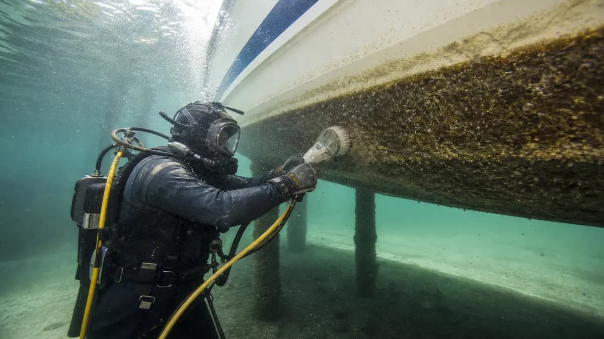 Marine service diver cleaning a boat hull