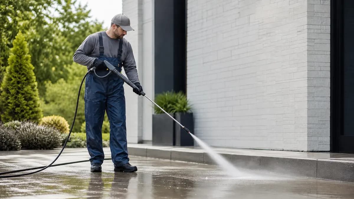 Pressure washing operator cleaning an exterior surface