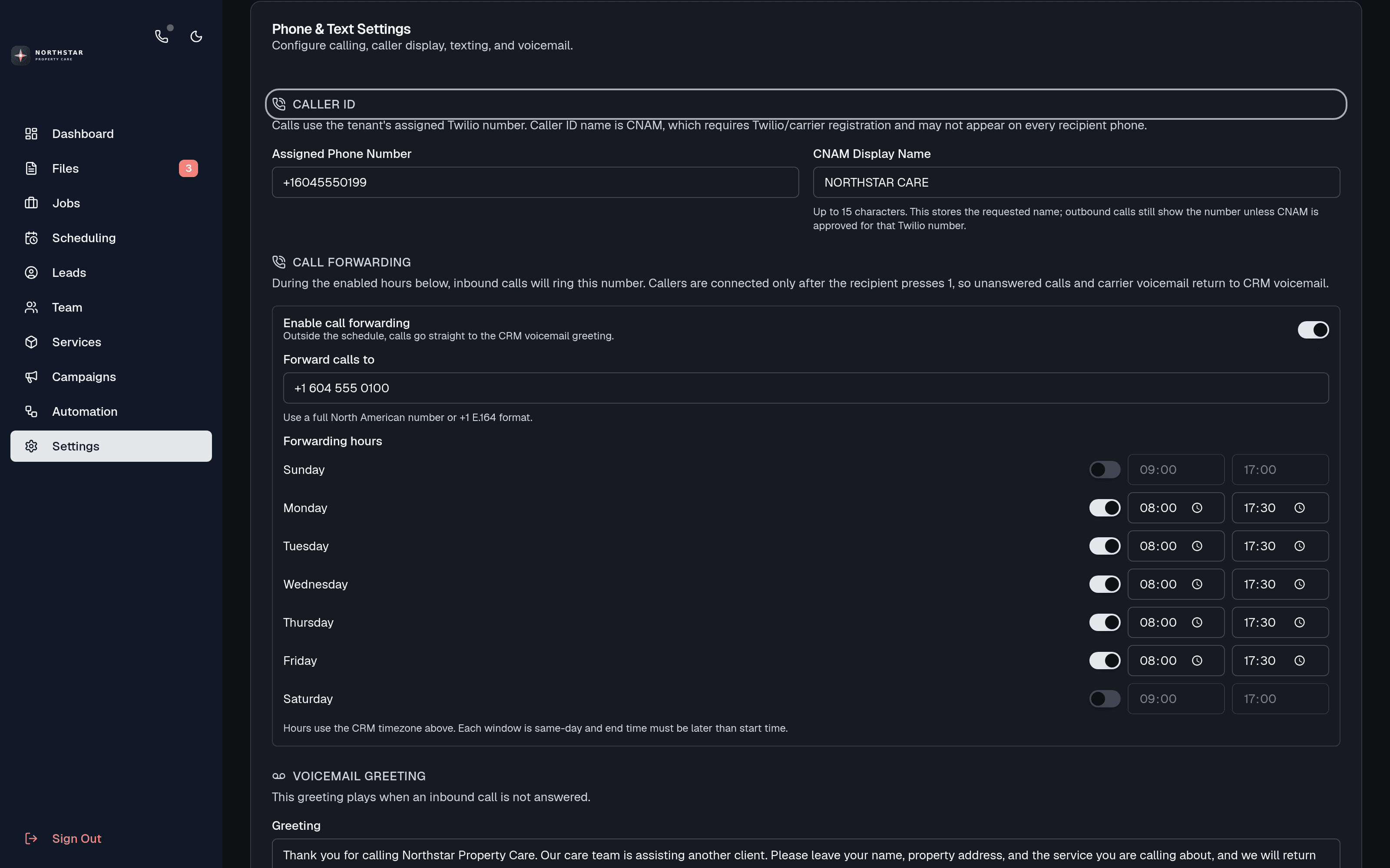 Phone settings with the provisioned Northstar client care number and caller identity