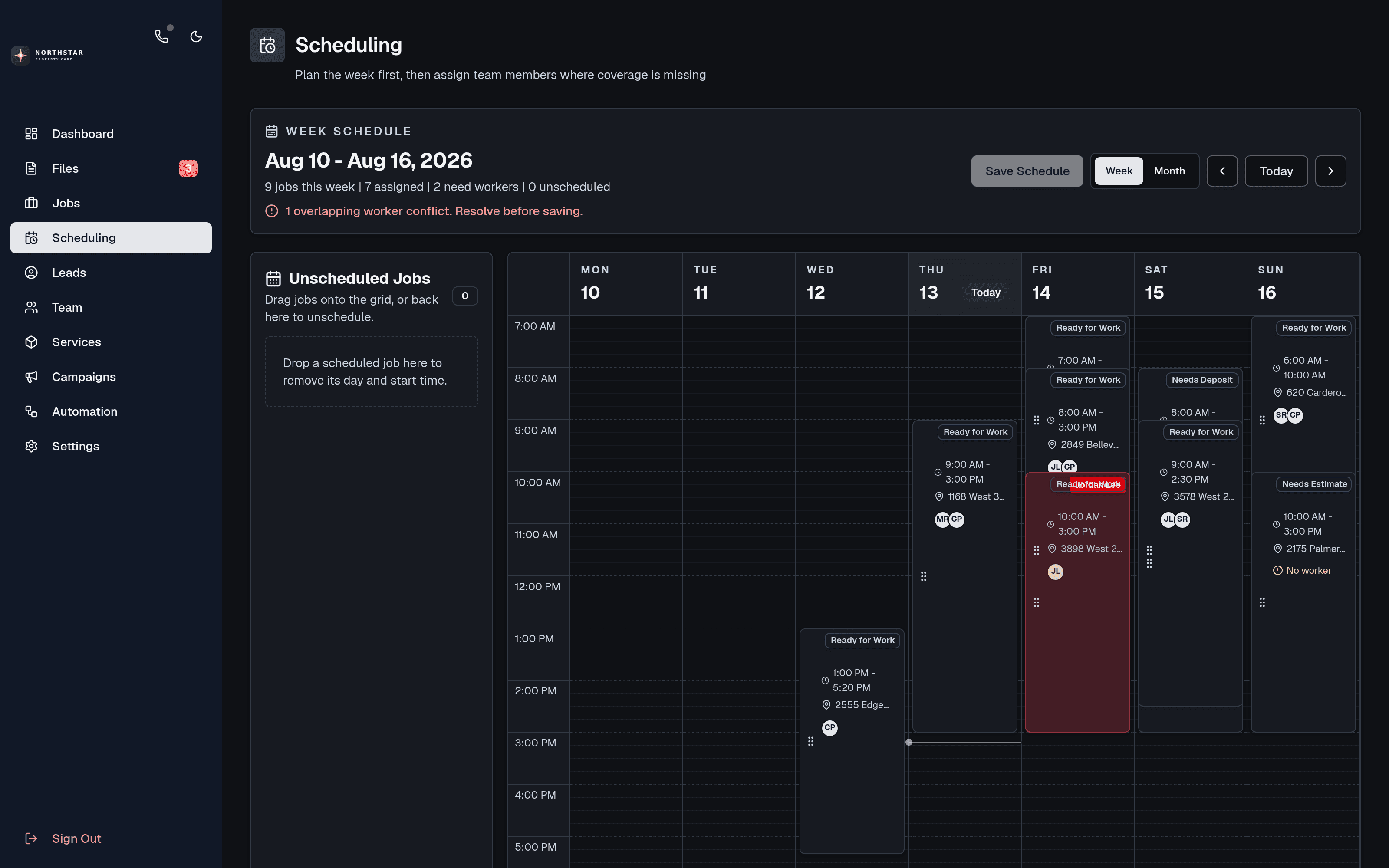 Weekly Northstar schedule with real clients, service times, locations, and assigned crews