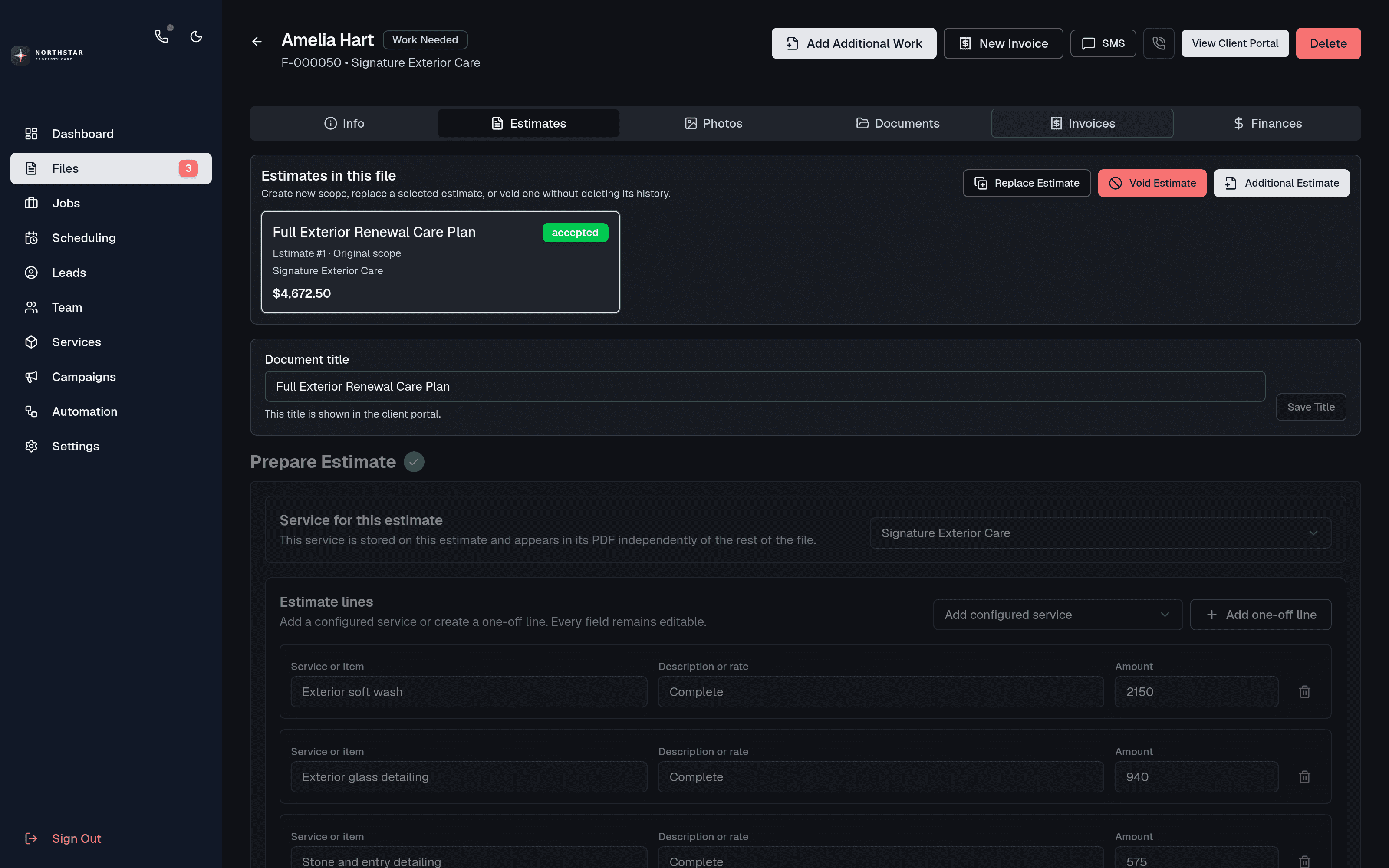 Northstar Property Care estimate workspace showing a detailed accepted care plan