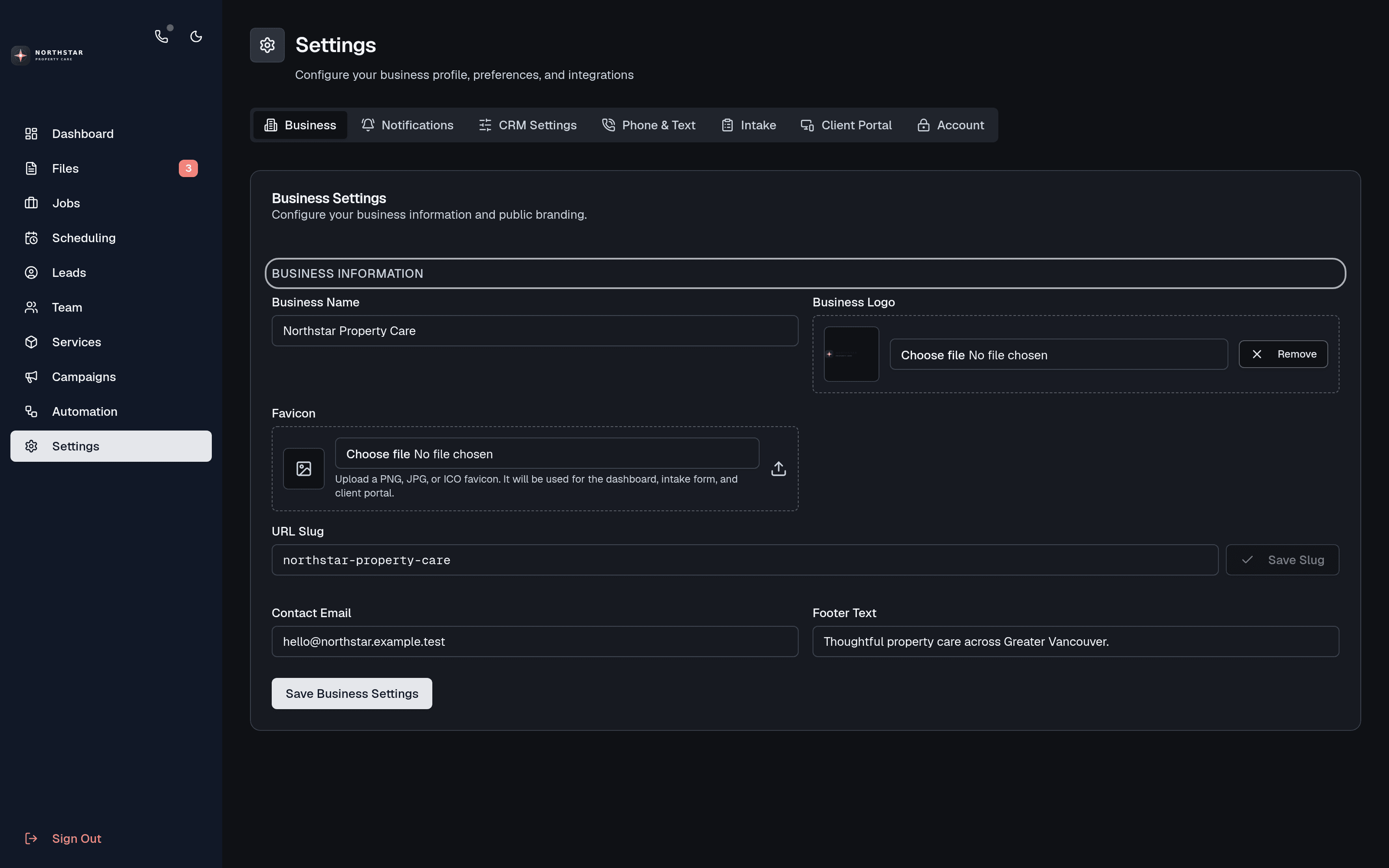 Northstar business identity settings with branded logo, contact, tenant URL, and footer
