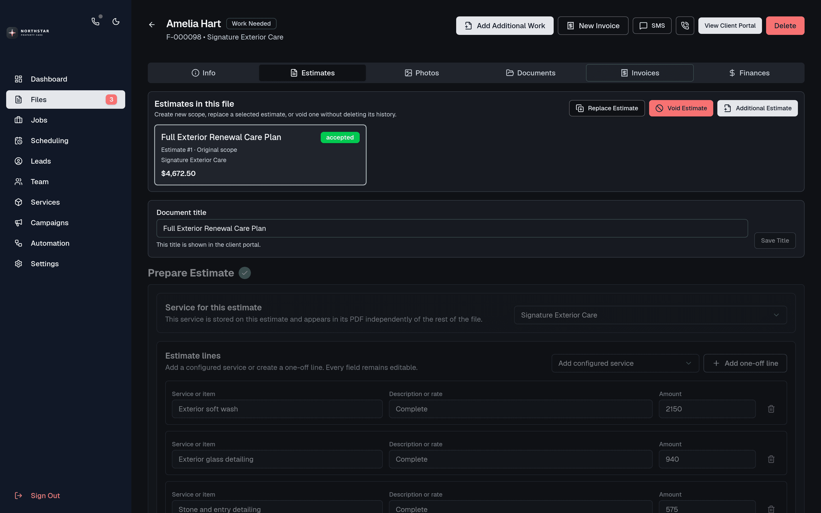 Editable Full Exterior Renewal estimate with real scope lines, tax, and deposit controls