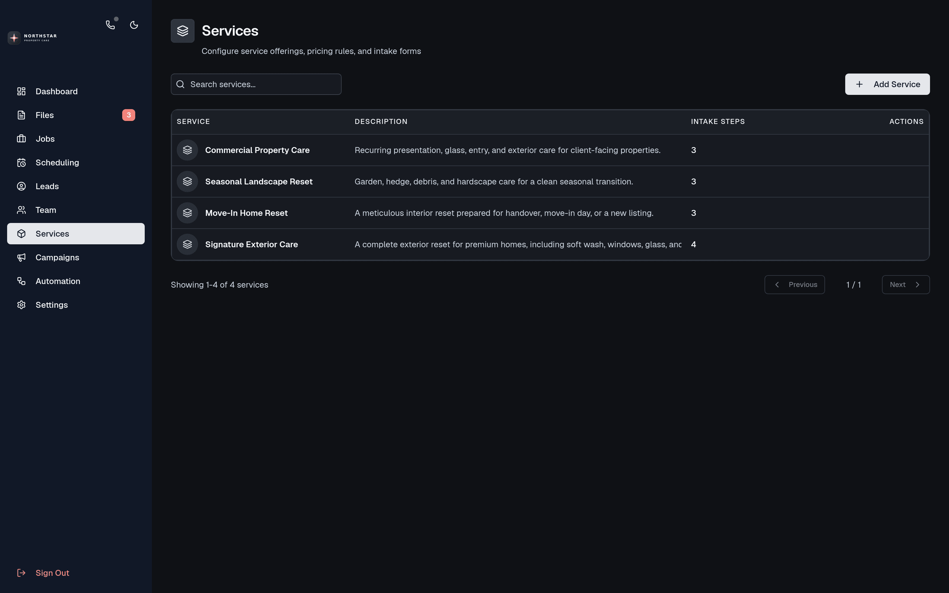 Northstar service catalog with four real property-care offerings and intake step counts