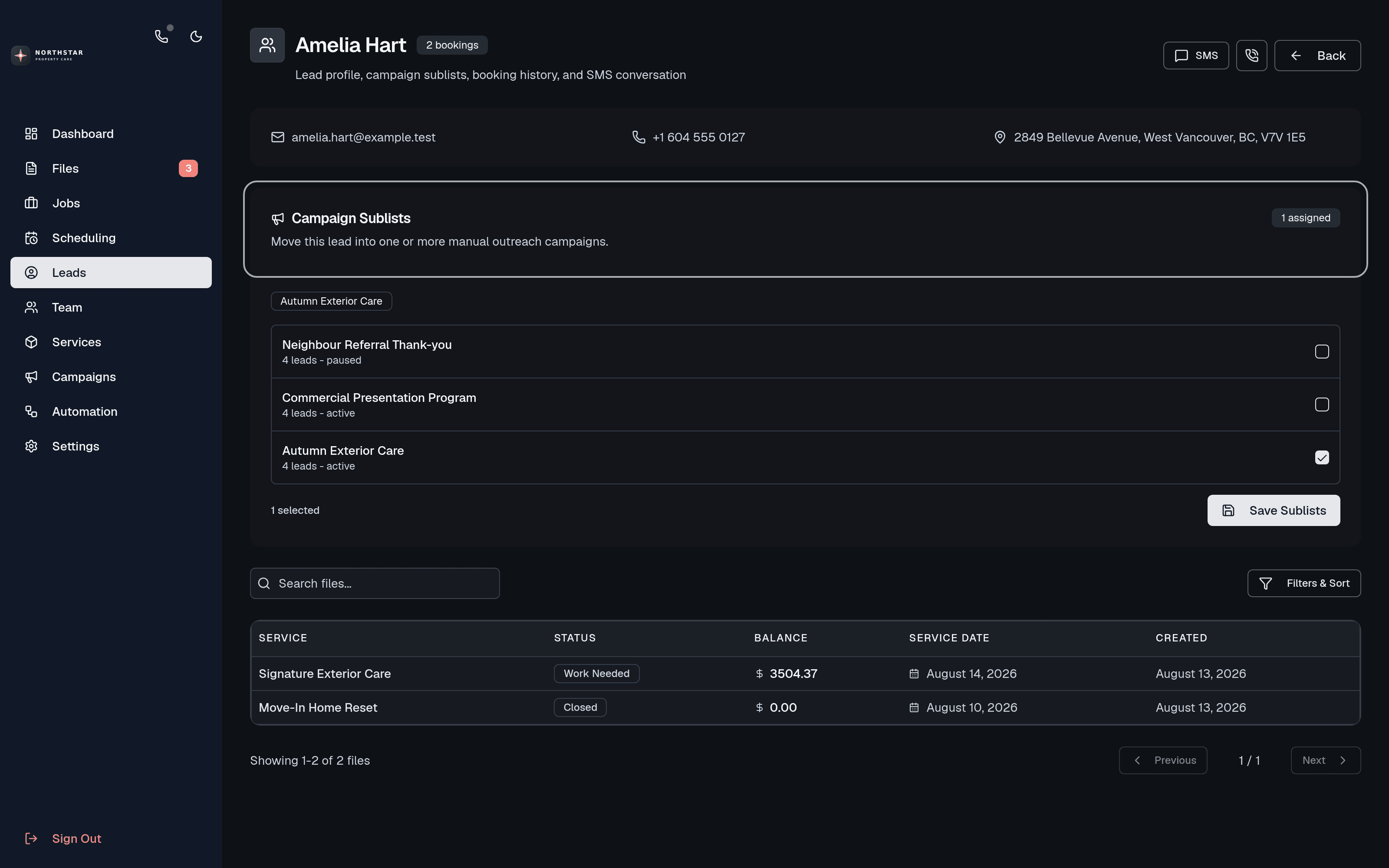 Amelia Hart lead profile with campaign sublists, two service files, and direct SMS access