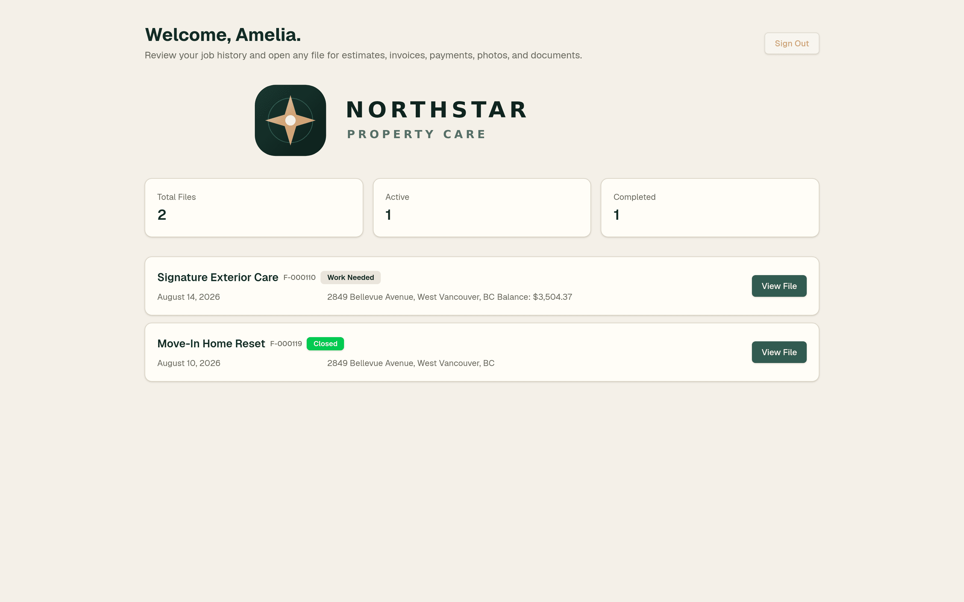 Amelia Hart portal dashboard with one active and one completed Northstar service file