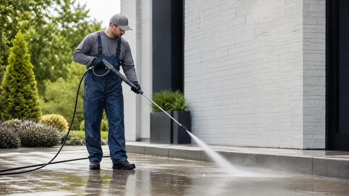Pressure washing operator cleaning an exterior surface